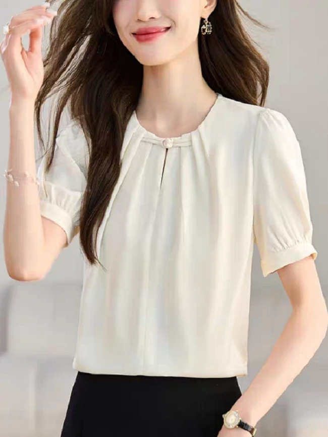 9593/简约圆领褶皱镂空小众上衣(衣长