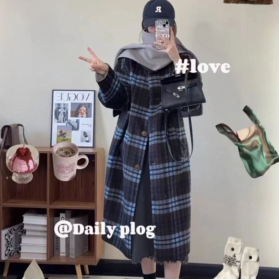 2025新款100%绵羊毛原创设计杭州高端精品韩版两面穿对格子外套