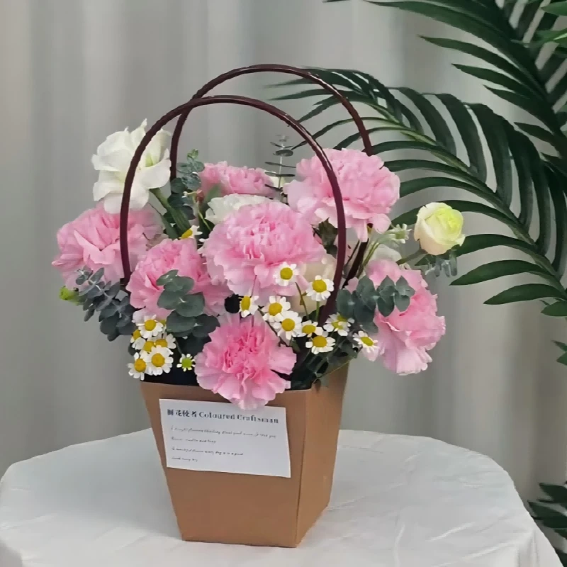 【女神节气质款】9支粉色康乃馨大屏桔梗洋甘菊提篮送爱人女友妈妈