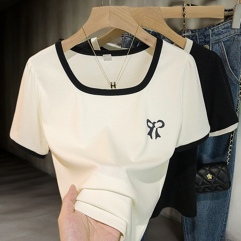 爆款2025新款女款显瘦正肩短袖t恤女夏季时尚洋气百搭蝴蝶结上衣