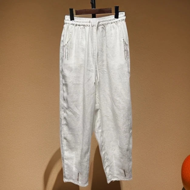 春季新款101雨露亚麻哈伦裤宽松版型松紧腰刺绣时尚遮肉显瘦洋气