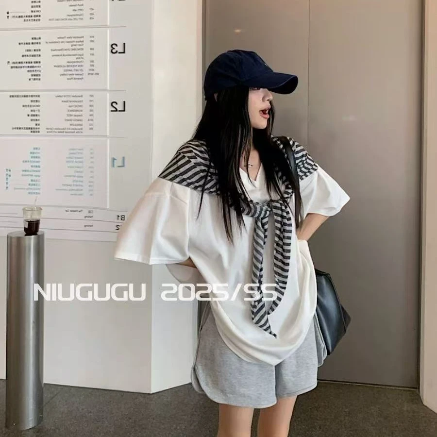 25316拒绝路人感~私服慵懒短袖T条纹披肩套装