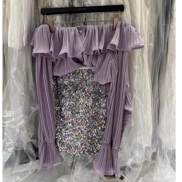 法式气质纯欲性感荷叶边一字露肩衬衫女春秋新款防晒长袖薄款上衣