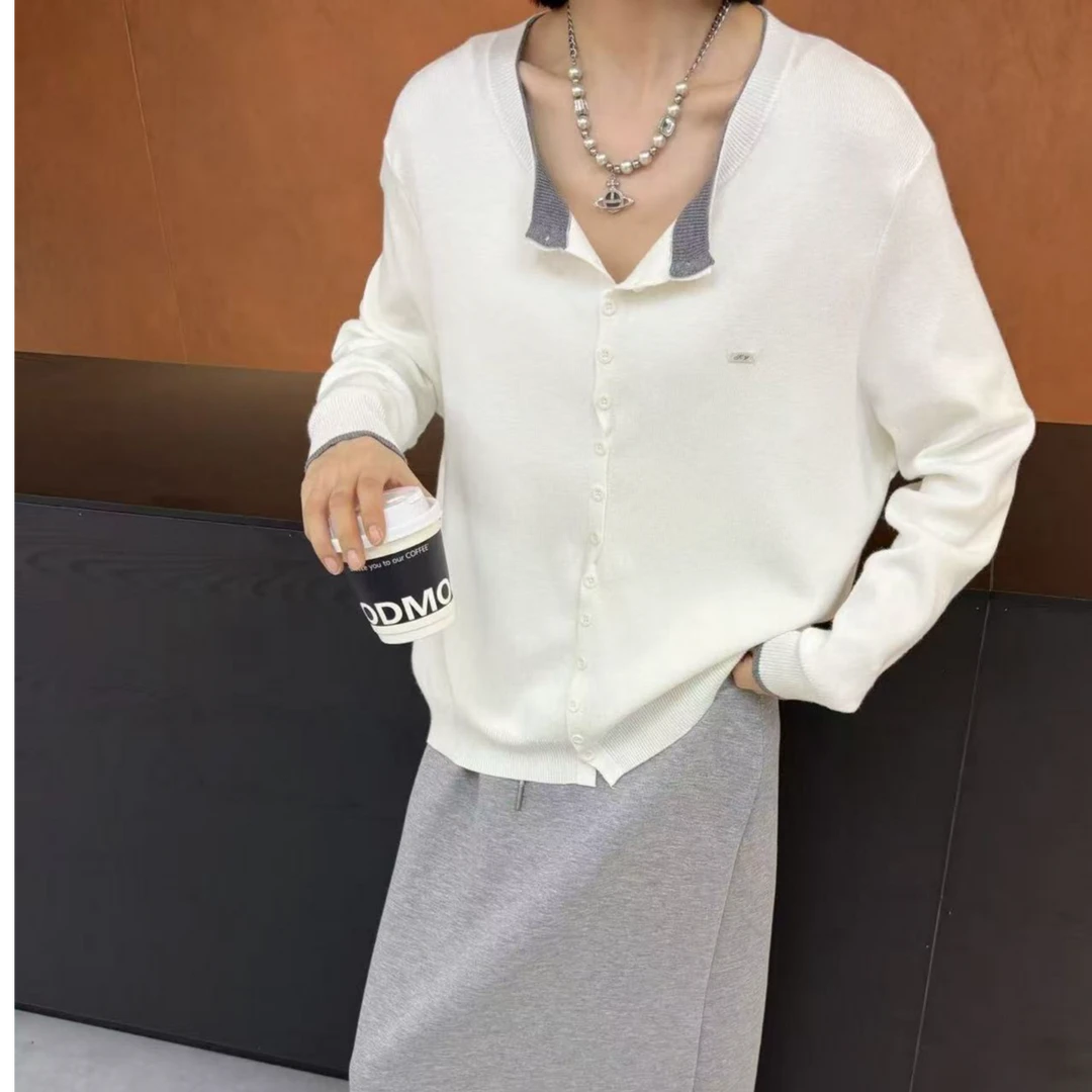 D6233圆领拼色边针织衫女装韩版秋季款百搭减龄休闲上衣