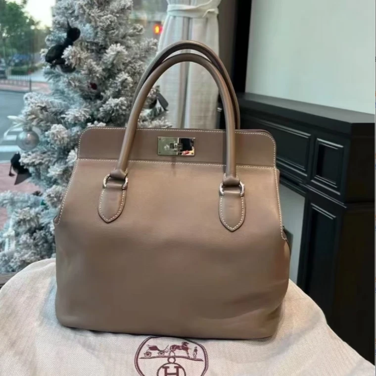 99新 Hermes/爱马仕 牛奶盒子26大象灰银扣s皮T手提包