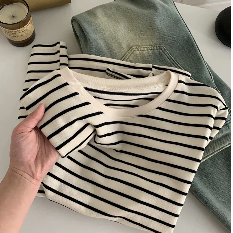 清仓福利【素茶】韩系纯棉条纹长袖显白上衣T