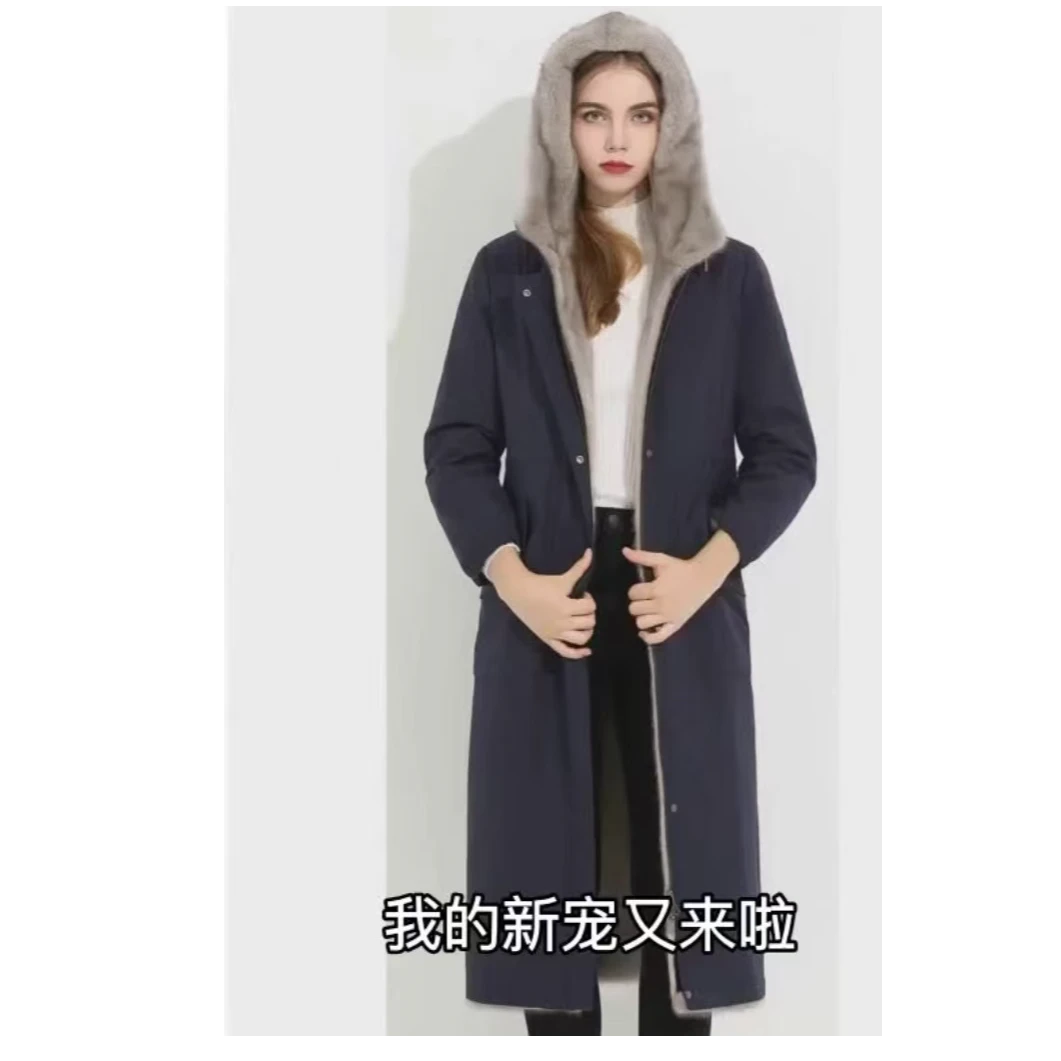 2024海宁貂派克服双面穿女款中长款新款可拆卸内胆时尚洋气显瘦