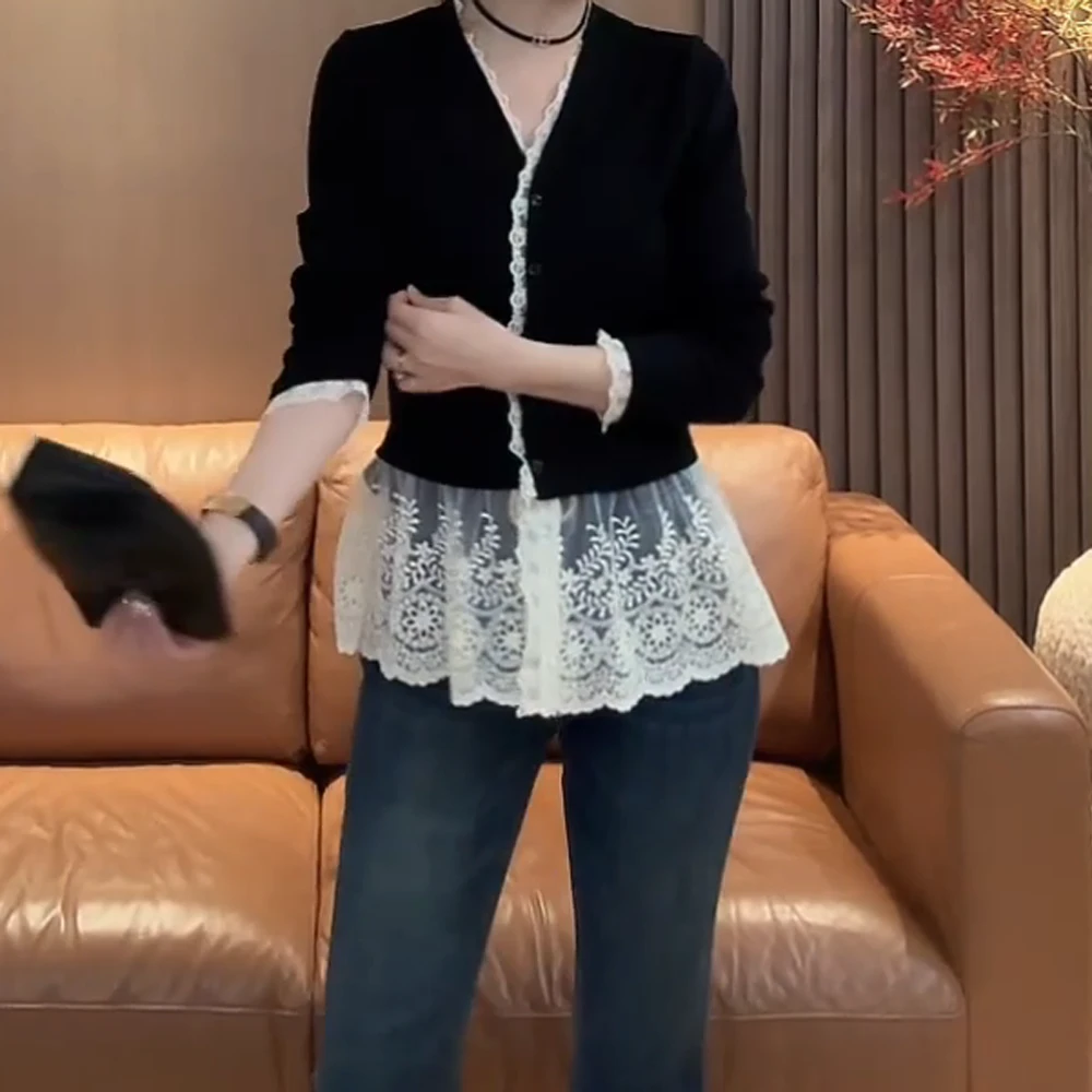 【维拉少女】春季上新法式气质拼接蕾丝黑色百搭修身显瘦长袖开衫