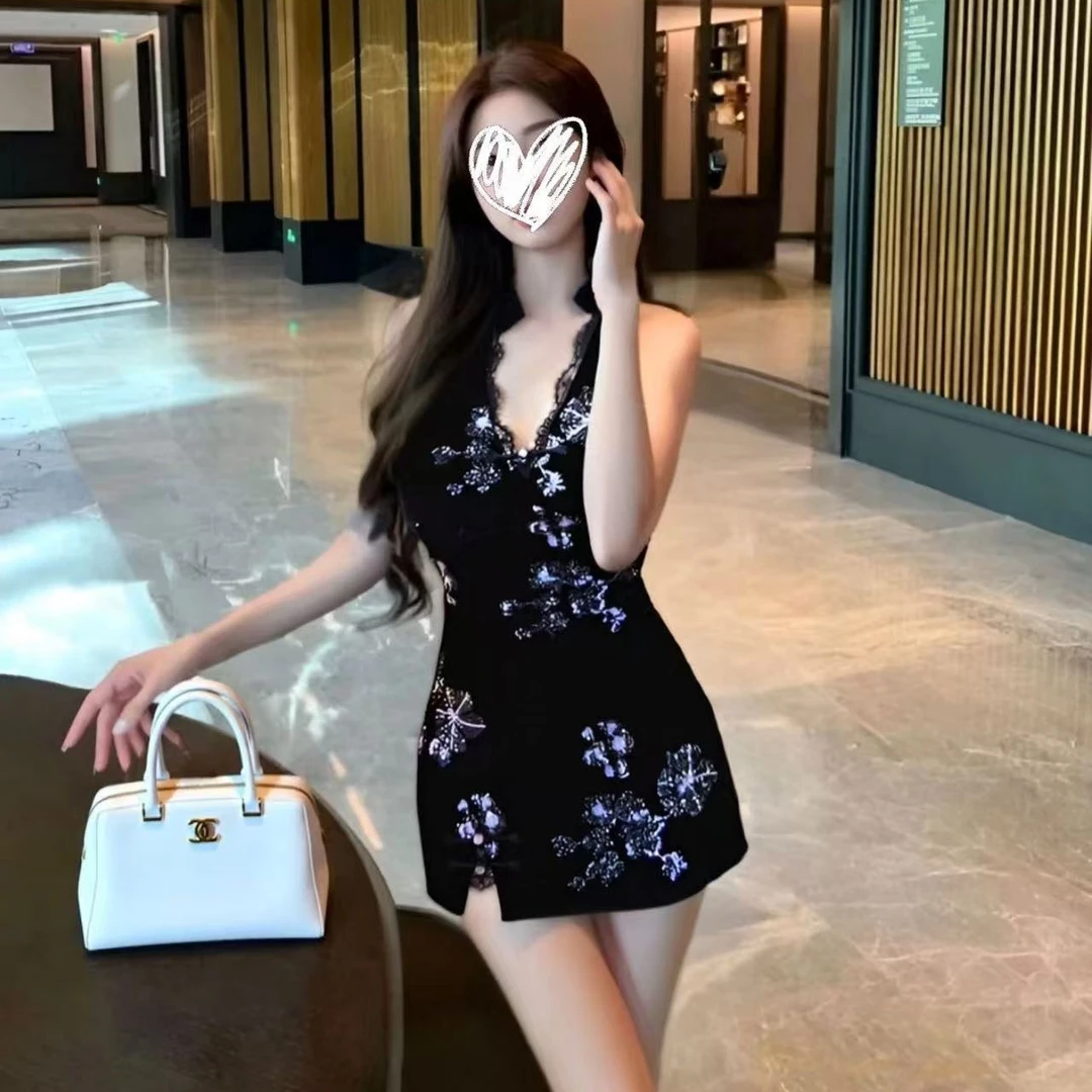 【幽梦雅魅】辣妹风性感挂脖连衣裙女夏季收腰蕾丝裙子