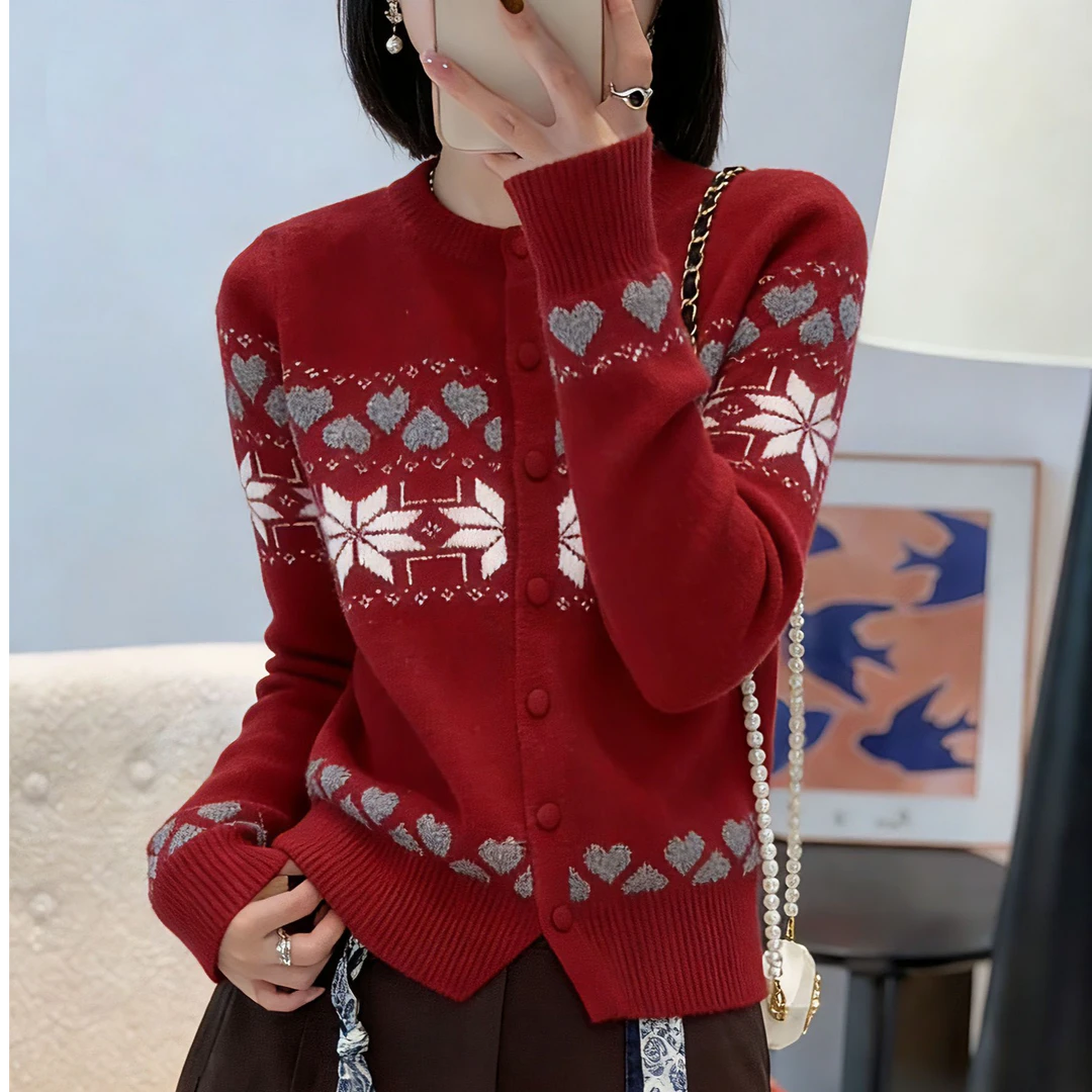 韩版冬季新圆领单排扣时尚雪花提花短款长袖针织开衫女显瘦毛衣红