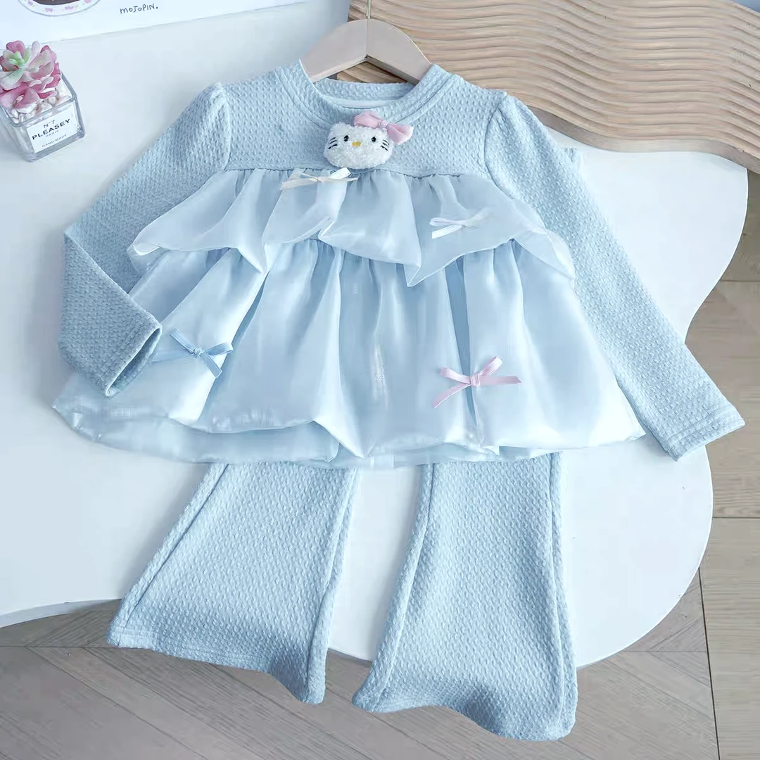 春季上新时尚甜美可爱公主风女童上衣拼纱喇叭裤套装洋气春装C05