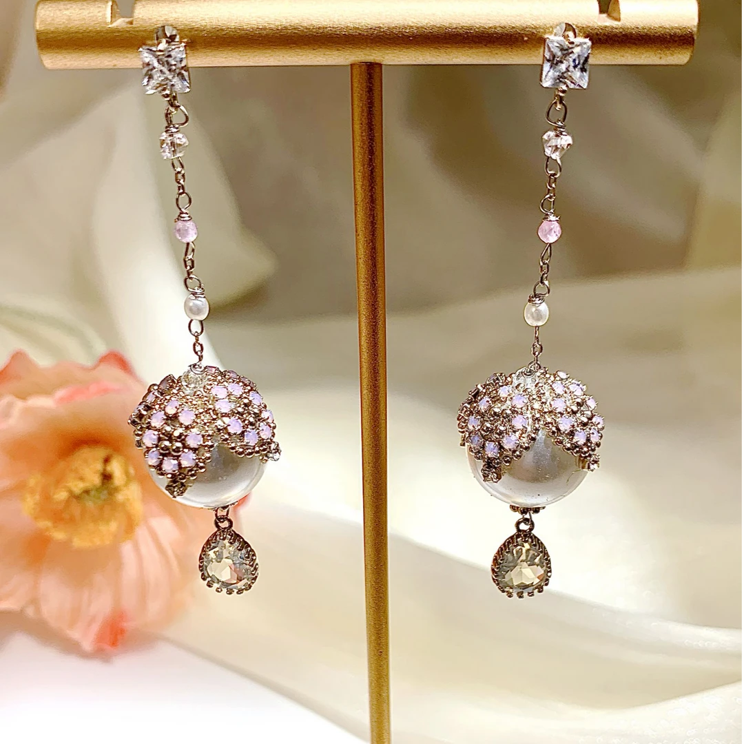 铜合金耳饰 设计师手工粉色珠珠灯泡气质百搭耳环3290