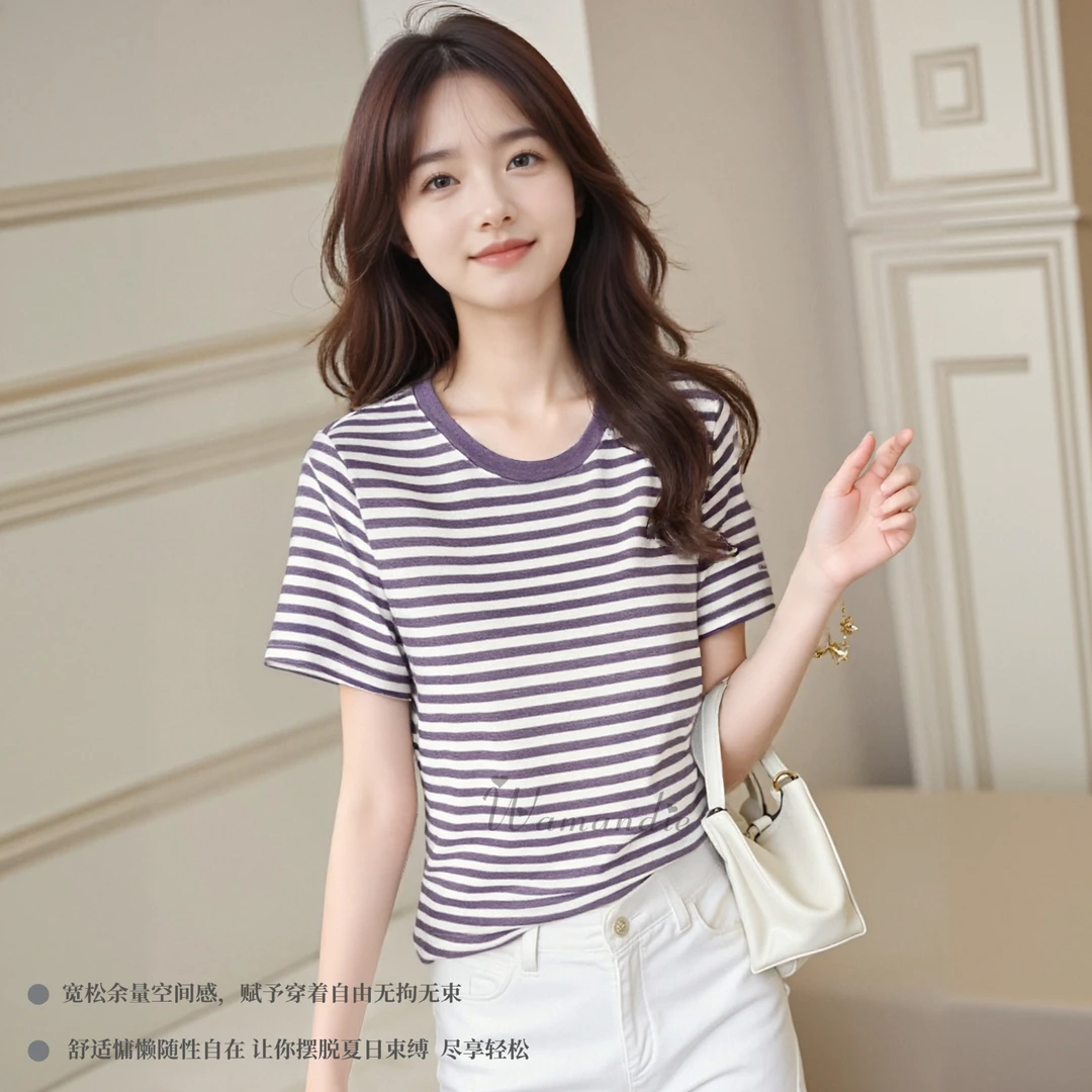 夏季大版莱赛尔天丝绵羊毛条纹t恤慵懒宽松面膜韩系温柔入秋内搭