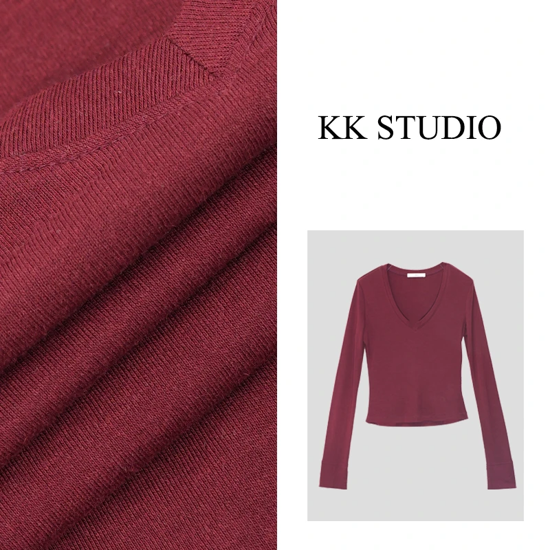 淇老板KK Studio秋季新款天丝羊毛修身显瘦V领长袖打底上衣9292