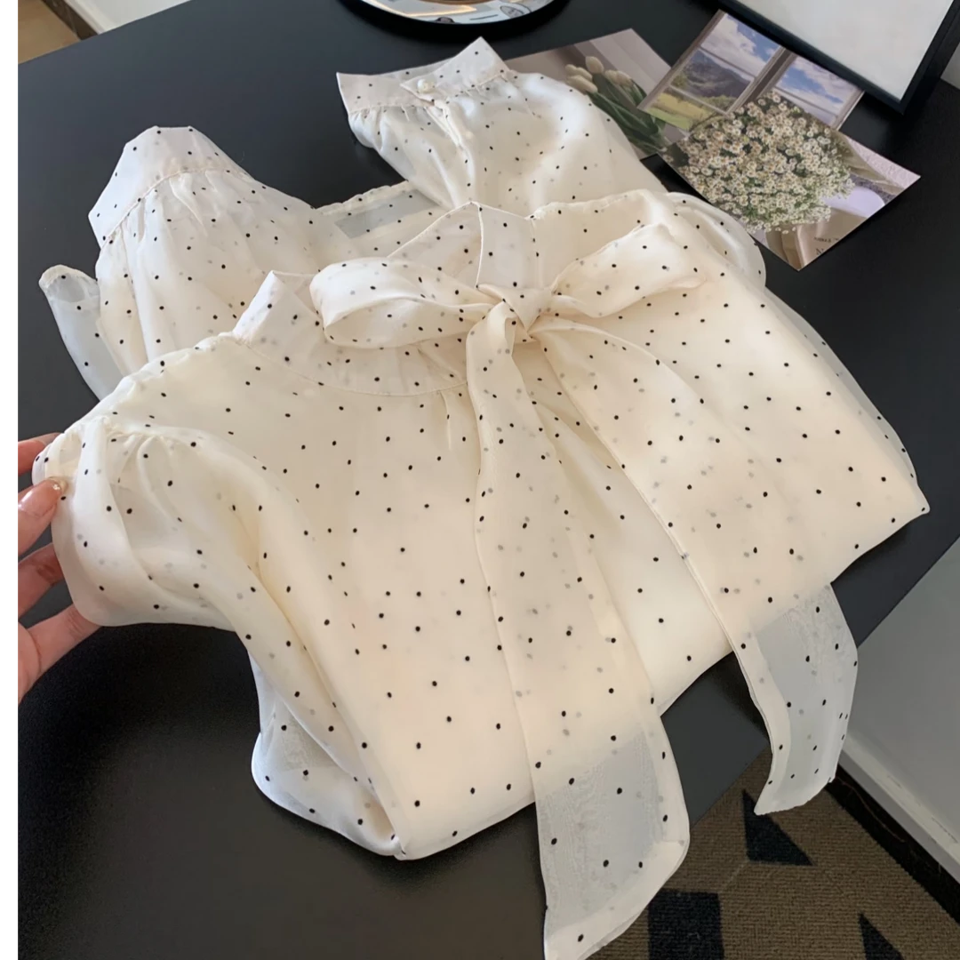 法式蝴蝶结长袖衬衫内搭女设计感小众波点上衣轻奢高级感气质小衫