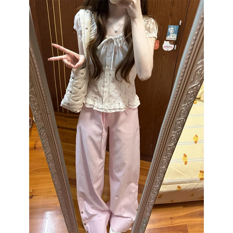 洋气衣服女2025早春系带显瘦百搭小众甜美风上衣直筒条纹休闲裤