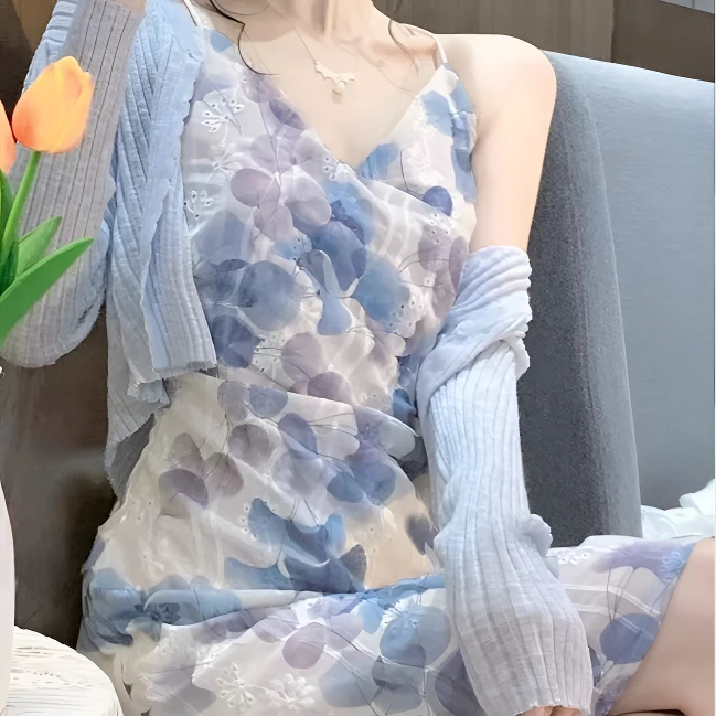 薄款拉链无袖吊带蕾丝气质常规夏季碎花连衣裙针织