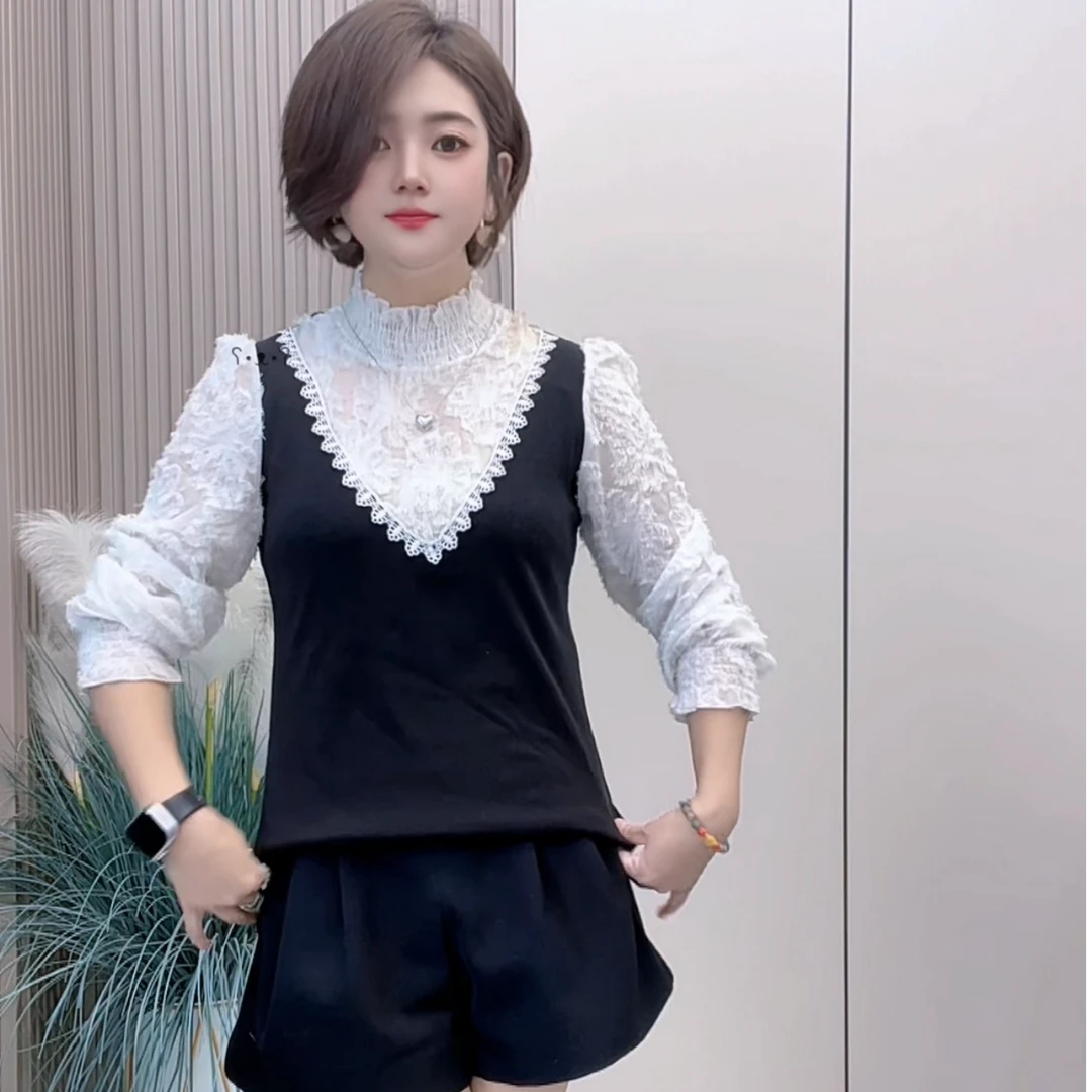 蕾丝衫半高领洋气打底宽松长袖气质拼接打底衫蕾丝妈妈装百搭
