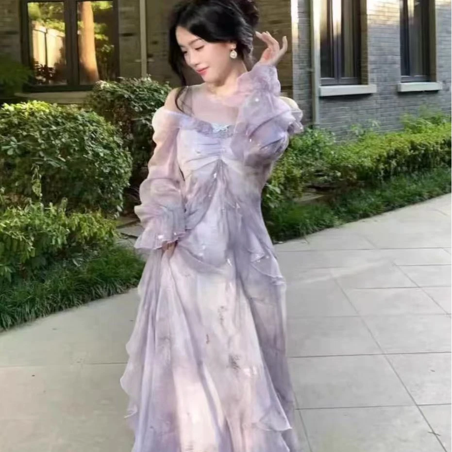 2025春季氛围感气质仙女裙子紫蝴蝶荷叶边长袖轻奢连衣裙