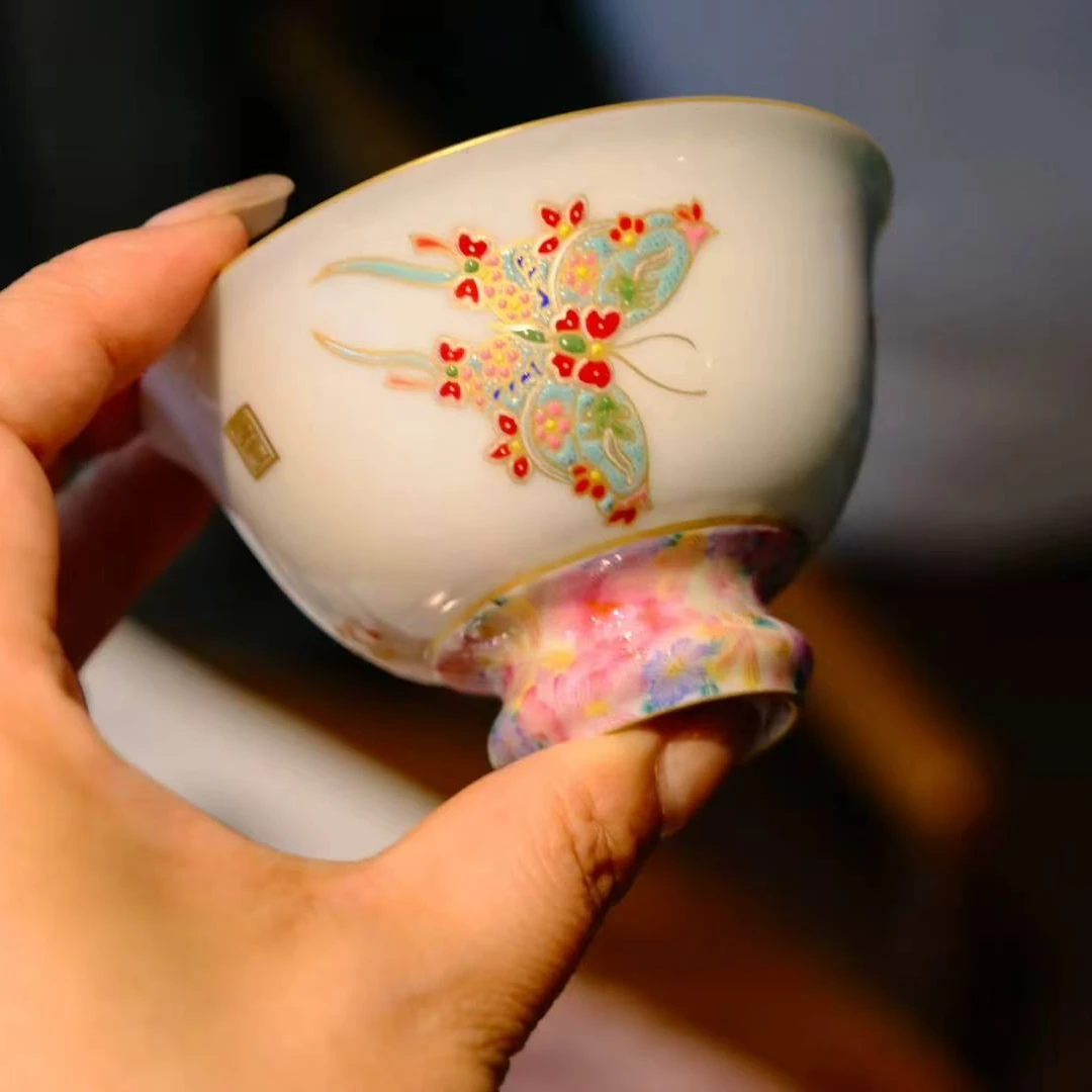 灵玺贡坊 珐琅万花蝴蝶高足杯