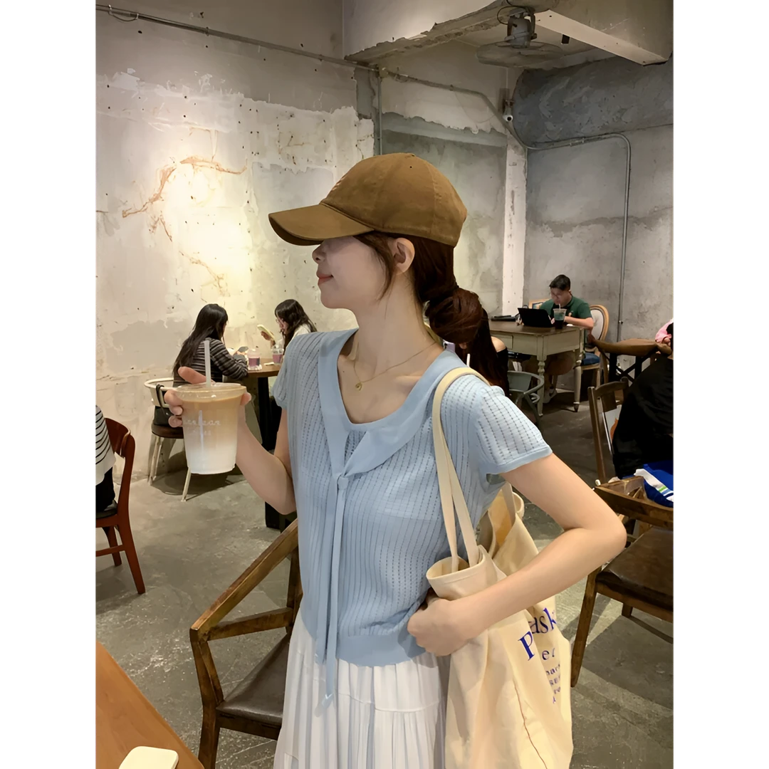 蓝色镂空针织披肩短袖T恤女夏季薄款设计感韩系chic别致短款上衣