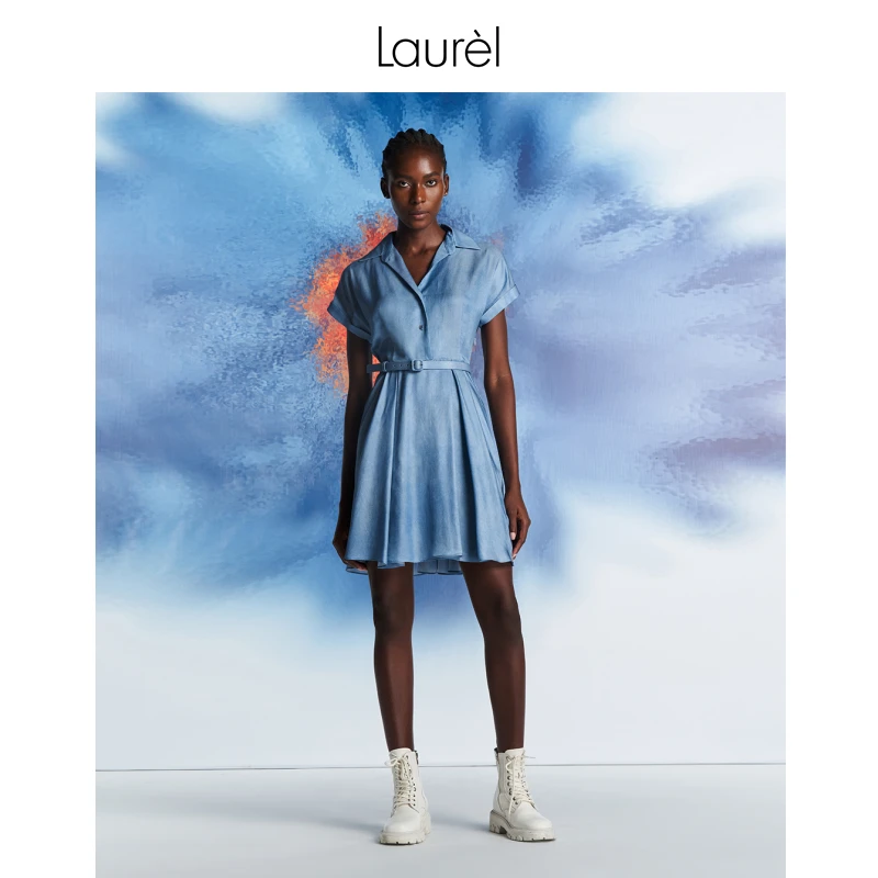 【丽公主专享】Laurel春夏优雅牛仔蓝衬衫连衣裙女LWL342Y15100