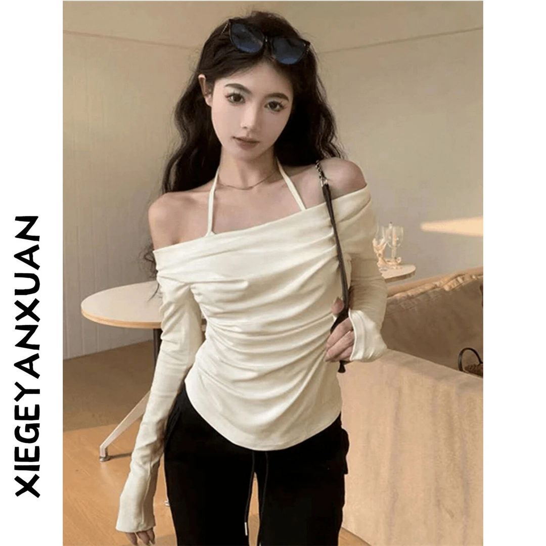 挂脖假两件长袖T恤女纯欲风荡领秋冬打底衫性感气质上衣