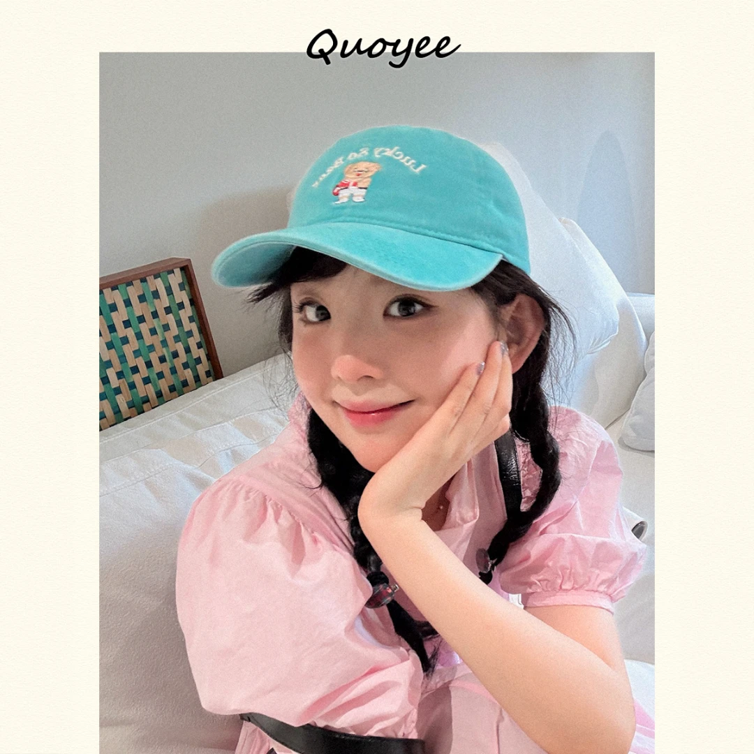 Quoyee 甜美可爱小熊刺绣棒球帽一枚~湖蓝色多巴胺风鸭舌帽YYZM1