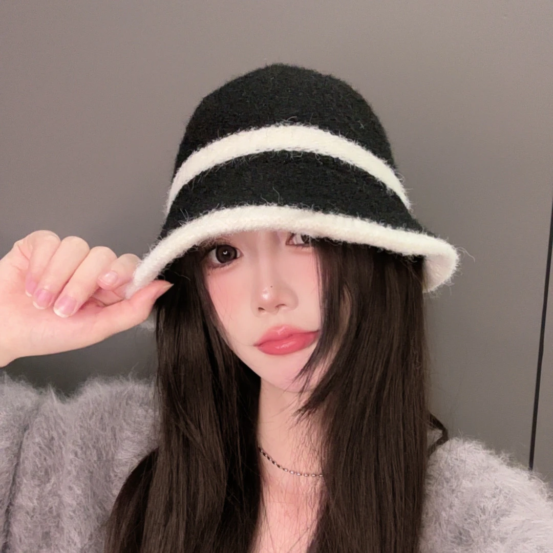 韩系条纹秋冬季帽子素颜显脸小复古百搭时尚毛绒针织保暖渔夫帽女