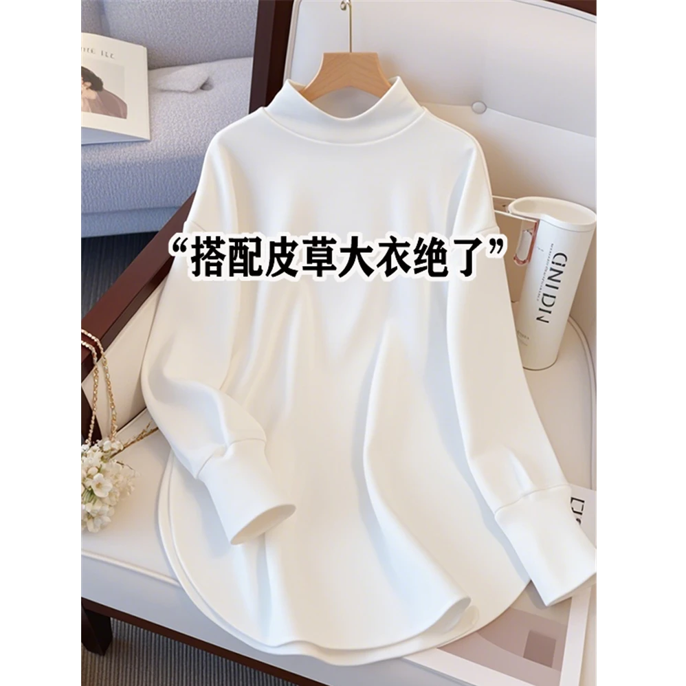 优质版白色半高领内搭打底女新款洋气秋冬加绒遮屁股长袖t恤上衣