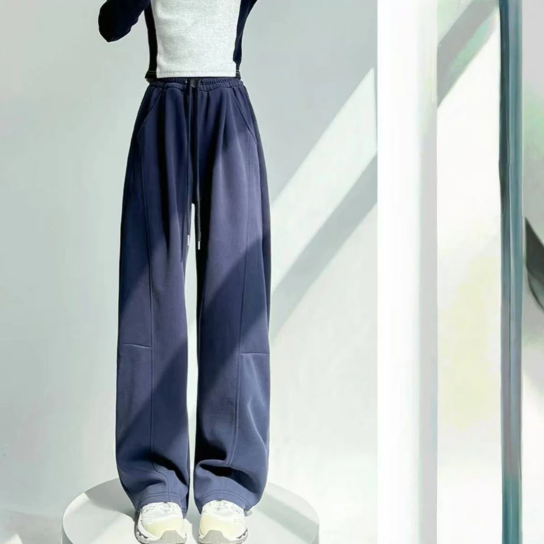 7635-女士镰刀裤（丈青）空气棉抽绳阔腿镰刀裤