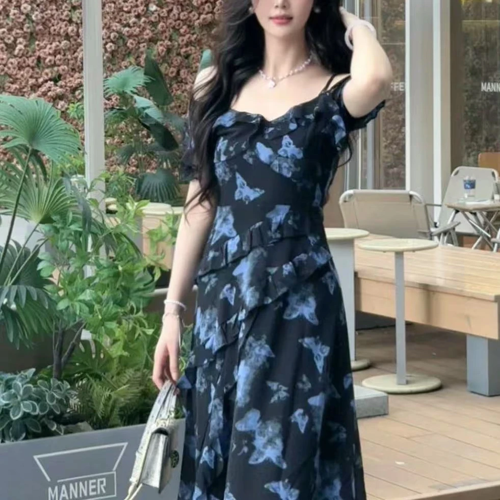 单独连衣裙夏季不规则印花蝴蝶碎花掐腰显瘦长裙气质时尚小黑裙
