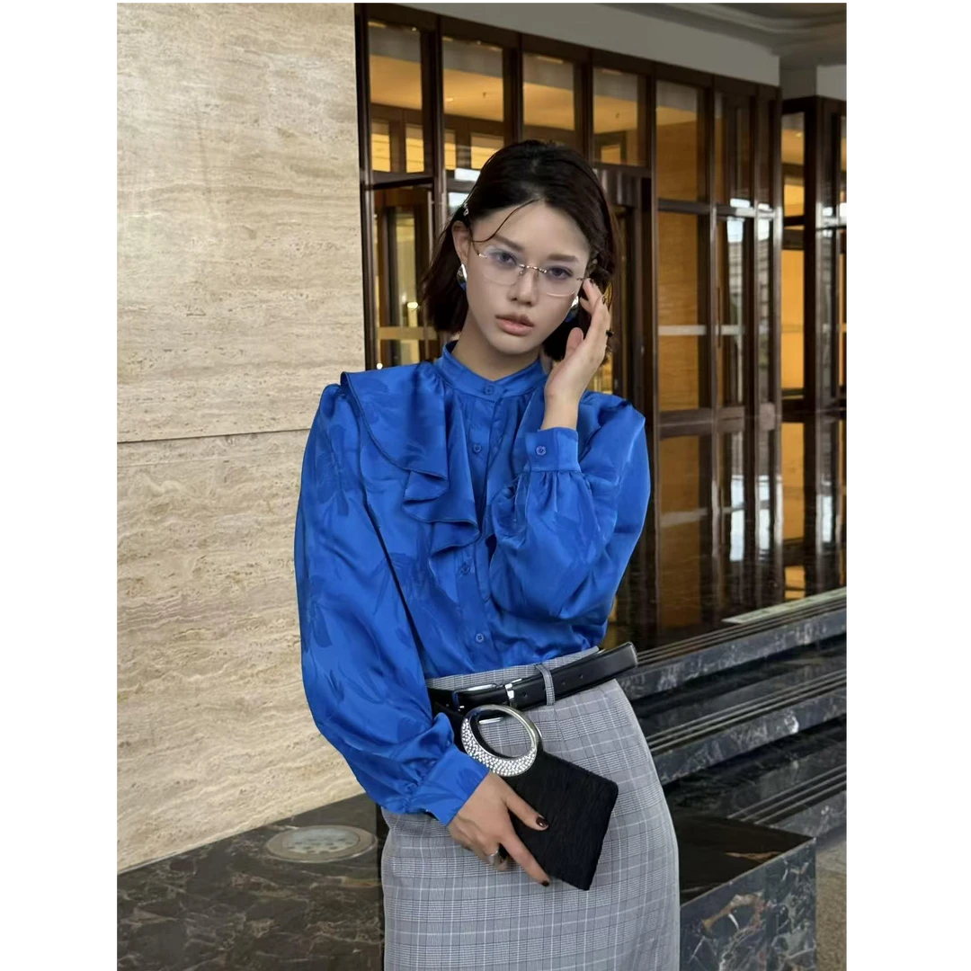 DENGDAHA 「虚无蓝」宫廷风 荷叶泡泡袖长袖衬衣HBZXP622329