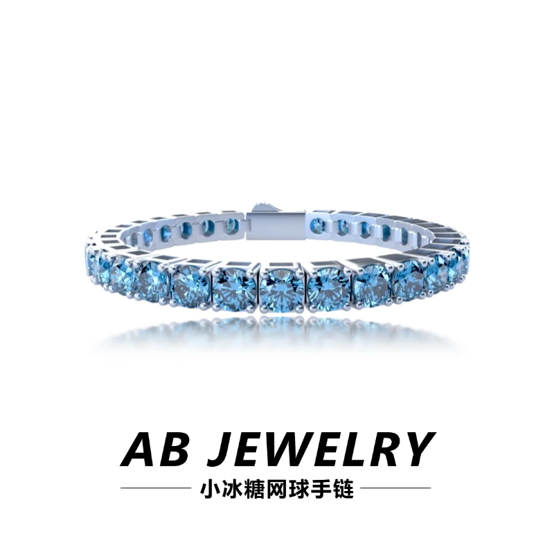 AB 铜合金合成锆石手链 ins小众设计海蓝色男女冰糖网球情侣手链