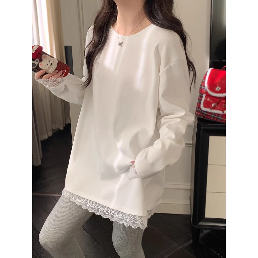 时尚简约白色蕾丝拼接圆领长袖德绒T恤女春秋新款宽松百搭中长款