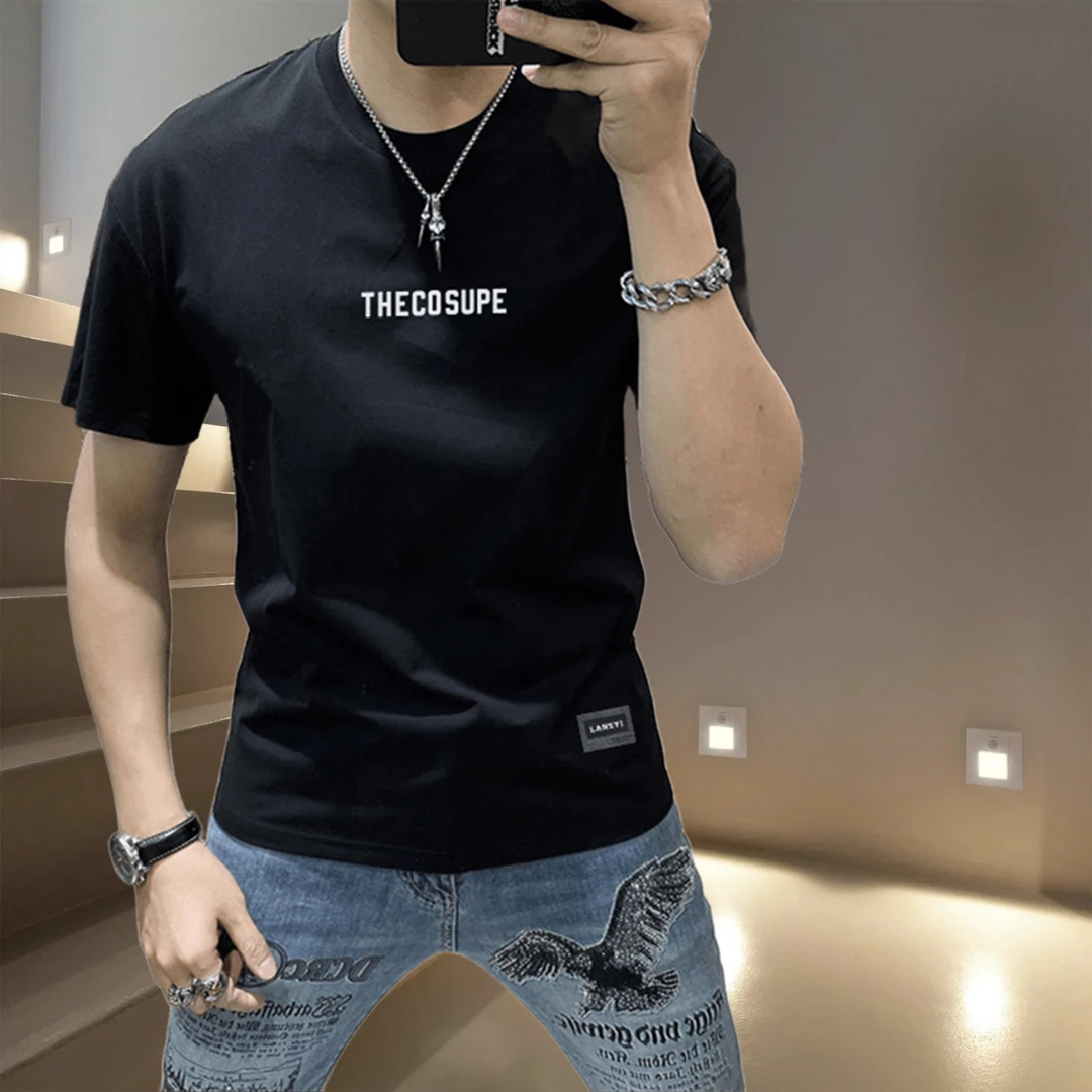 夏季爆款黑色圆领高品质痞帅短袖男潮牌百搭字母印花潮流个性T恤