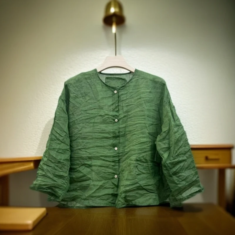 香甜【夏季】纯色苎麻时尚百搭女士休闲圆领宽松短款开衫【80-160】斤