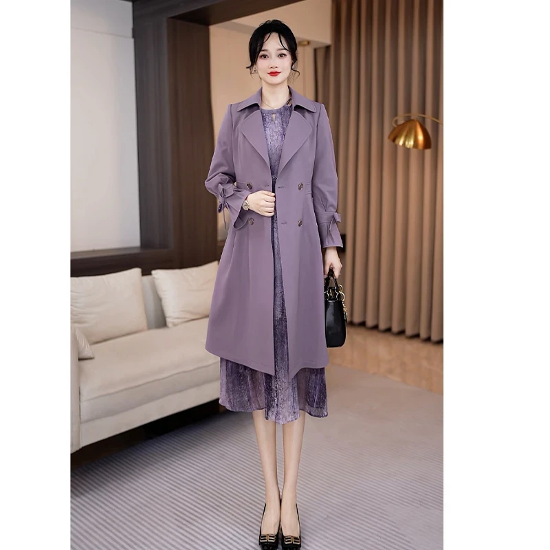 拉夏贝尔杭州意法风衣外套女2025新款爆款洋气春秋中长款紫色大衣