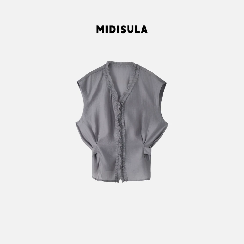 MDSL·新款时尚洋气透气晕木耳边腰带无袖显瘦宽松型衬衫#1227