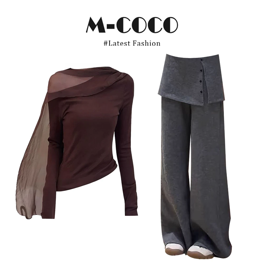 复古美拉德风斜肩露肩网纱飘带针织衫休闲裤秋季套装