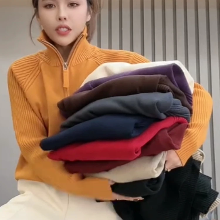 2025早秋新款时尚百搭高领半拉链针织衫女韩系休闲显瘦洋气上衣潮