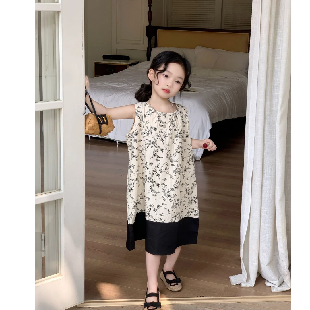 女童韩系穿搭2025夏新款甜美碎花裙儿童公主裙撞色拼接露背连衣裙