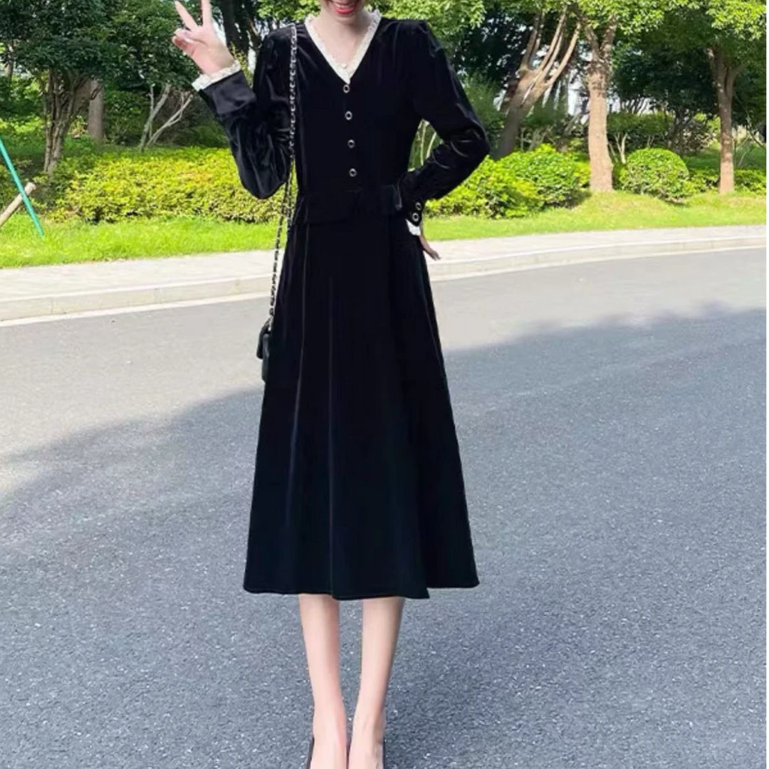 丝绒黑咖两色连衣裙#9826