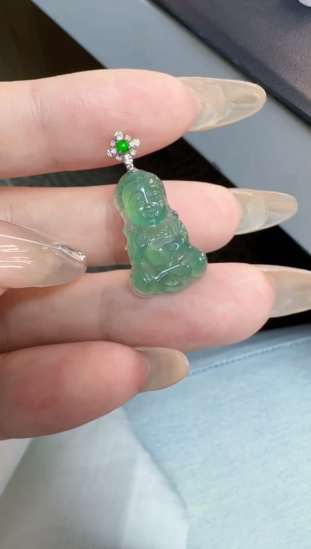 翡翠18K金镶嵌吊坠(不含链)缅甸A货翡翠