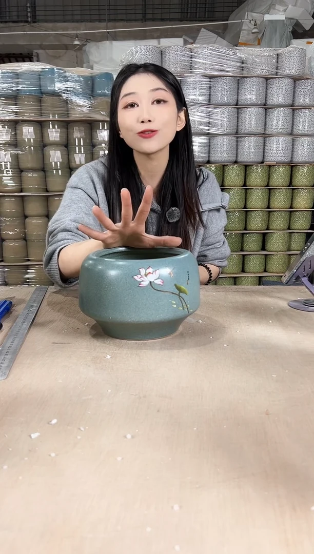 【闪购商品】陶瓷圆口深绿荷花大号18x14