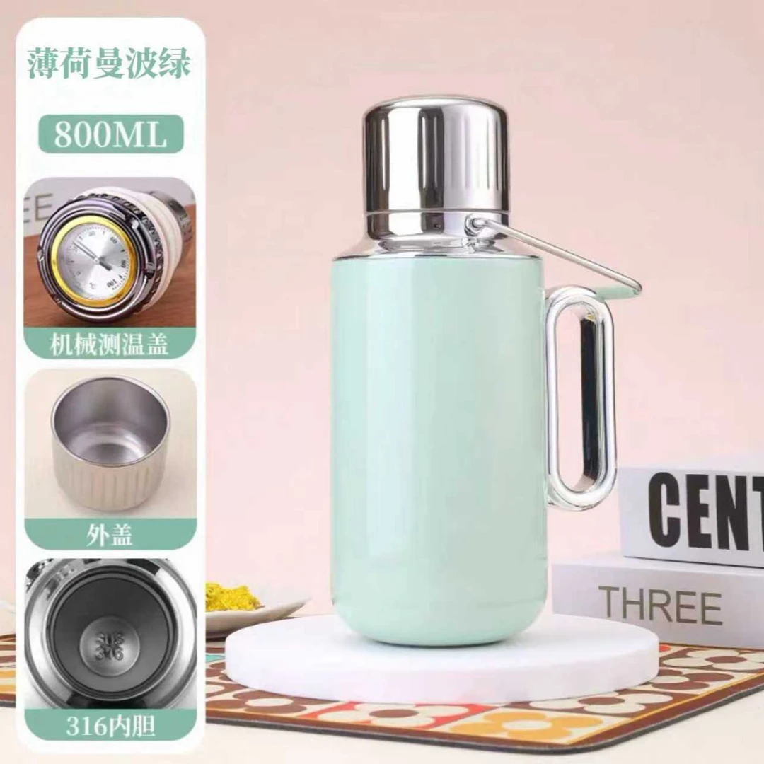 薄荷曼波绿提手壶316不锈钢保温壶机械温度显示C