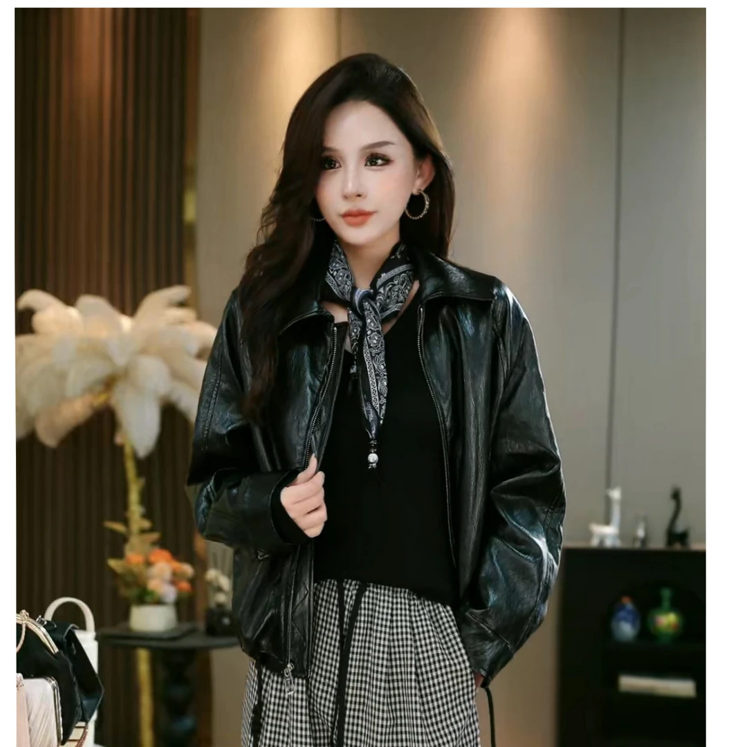 经典复古翻领高级感百搭宽松气质皮夹克外套 R0864