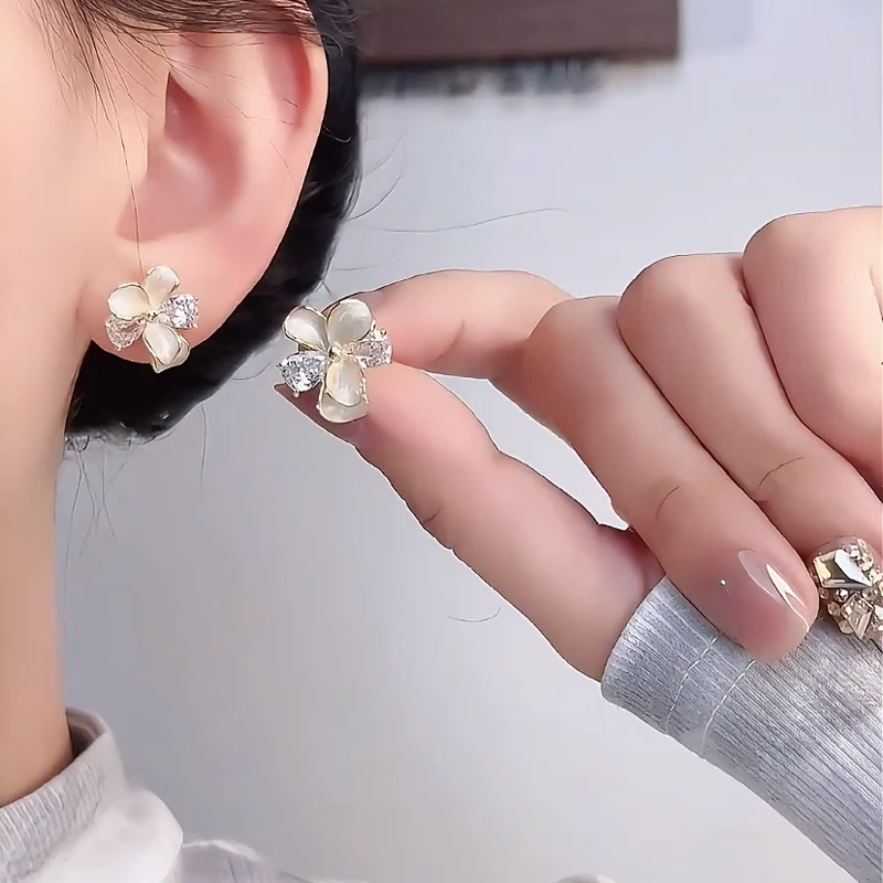 铜合金耳饰 小清新锆石滴釉花朵耳钉轻奢高级感大气耳环2025新款