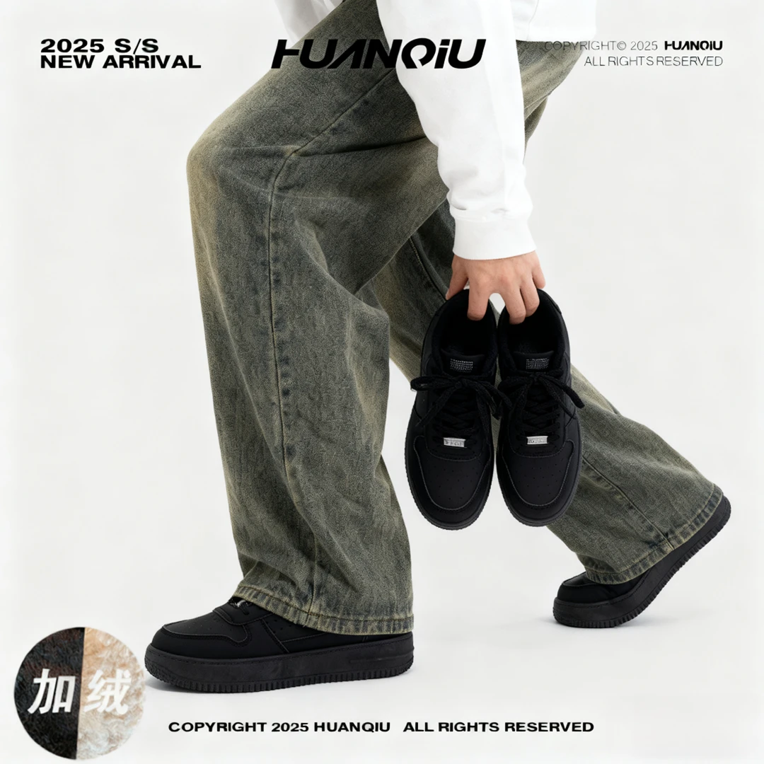 环球保暖加绒板鞋男2025新款冬季加厚棉鞋子男户外厚底增高休闲鞋