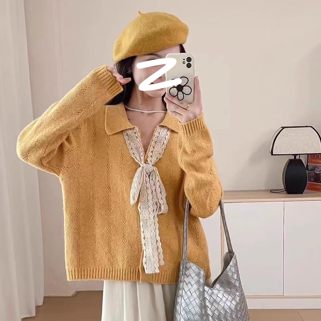 蝴蝶结系带黄色毛衣外套女装早秋穿搭气质Polo领长袖针织开衫上衣